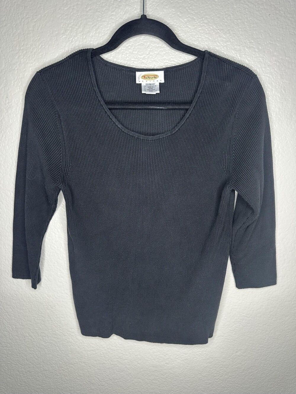 Talbots Sweater Womens Petite Large Gray Ribbed Silk Scoop Neck 3/4 Sleeve Knit